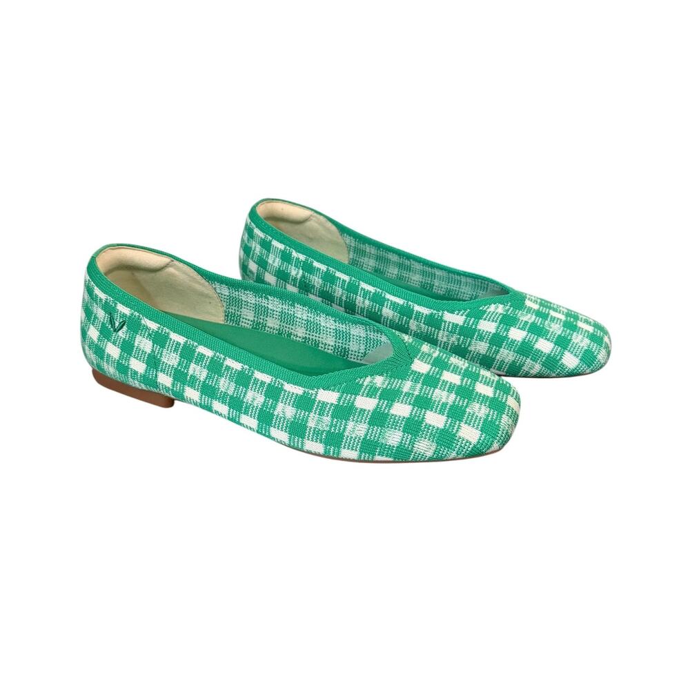Vivaia Margot 2.0 Ballet Flats Green Gingham Square Toe V-Cut US 6.5